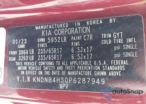 2023 Kia Carnival Lx Seat Package z USA, uszkodzony, nr VIN KNDNB4H30P6287949